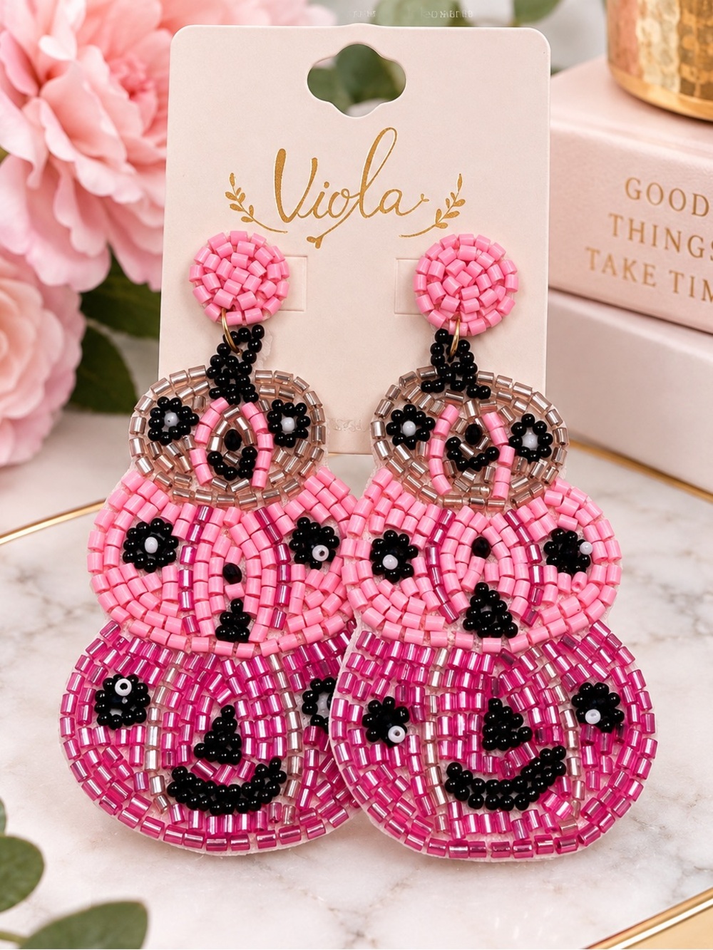 NWT Viola Pink Pumpkin Beaded Statement Earrings Halloween Fall